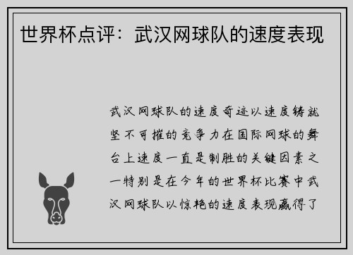 世界杯点评：武汉网球队的速度表现