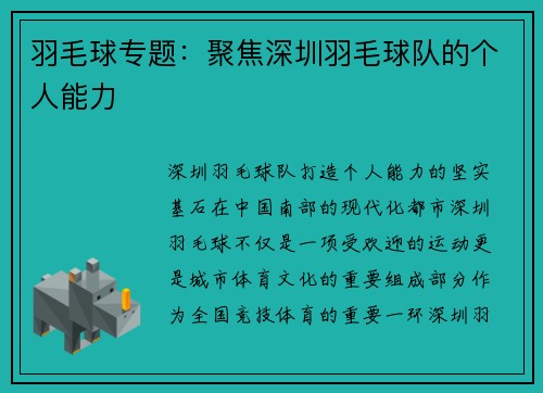 羽毛球专题：聚焦深圳羽毛球队的个人能力